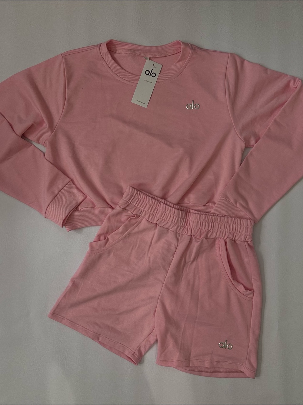 Alo Pink Cropped Sweatshirt & Shorts Set